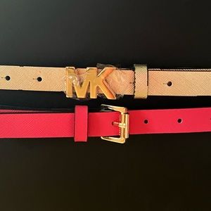 SET OF 2 MICHAEL KORS GOLD & PINK SKINNY LEATHER BELTS, SIZE LARGE, NWT